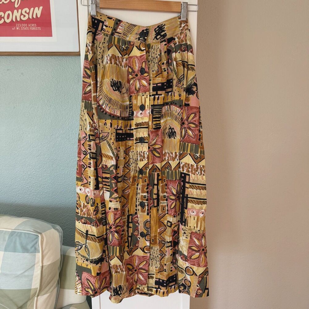 Vintage 90s Abstract Geometric Floral Print Button Front Midi Skirt Size 8